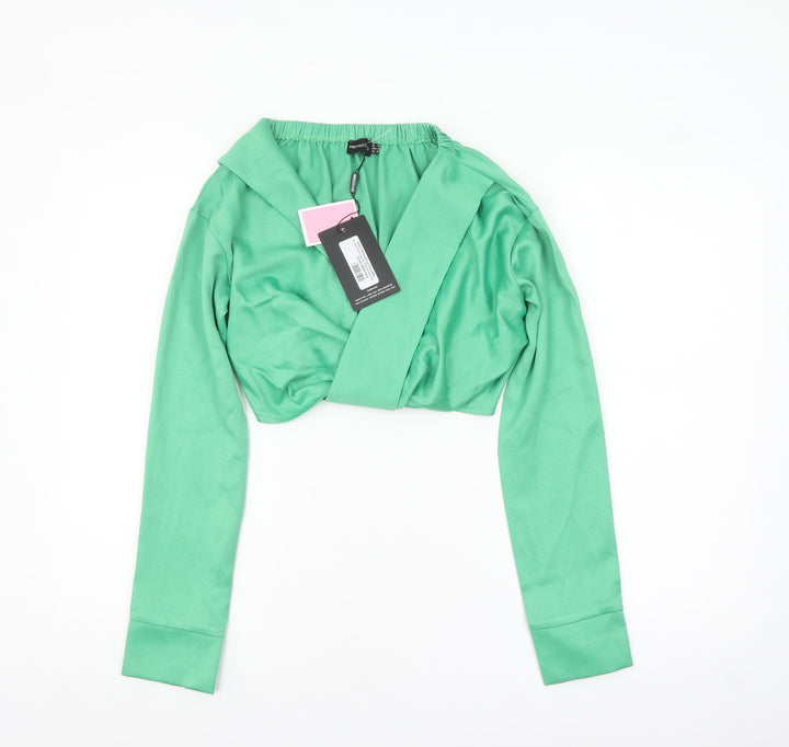 PrettyLittleThing Women’s Green Cropped Long Sleeve V-Neck Blouse UK 4