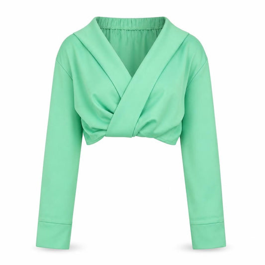 Front view of PRETTYLITTLETHING Women’s Green Cropped Long Sleeve V-Neck Blouse UK 4