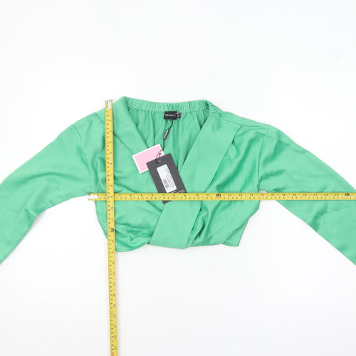 PrettyLittleThing Women’s Green Cropped Long Sleeve V-Neck Blouse UK 4