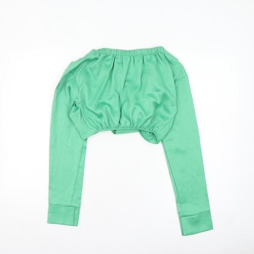 PrettyLittleThing Women’s Green Cropped Long Sleeve V-Neck Blouse UK 4