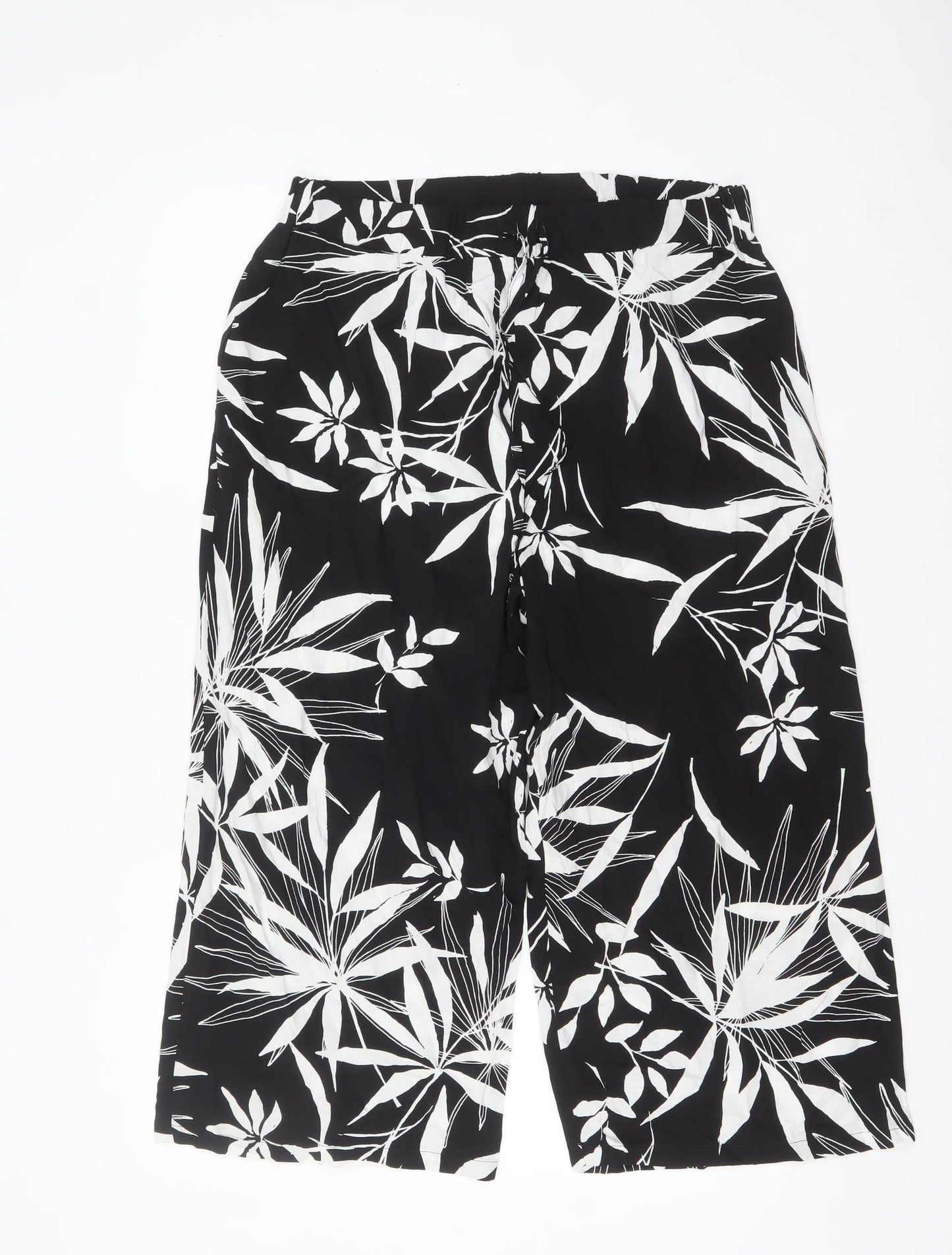 Bonmarché Womens Black White Floral Cropped Viscose Trousers Size 14
