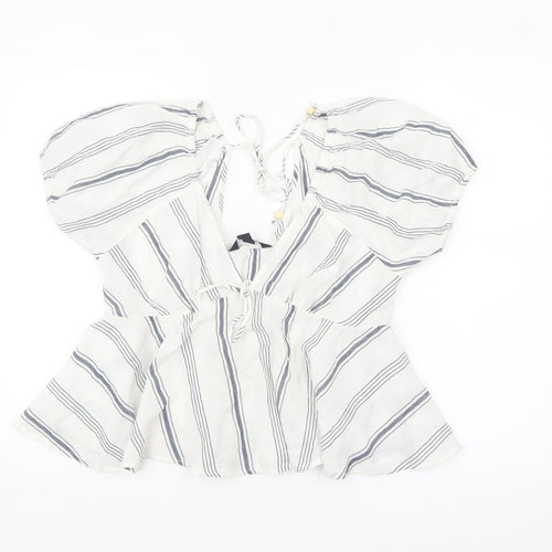 New Look Women White Striped Cotton Cropped Blouse Size 14