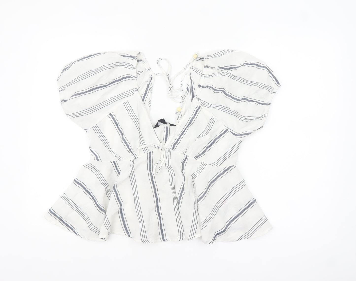 New Look Women White Striped Cotton Cropped Blouse Size 14