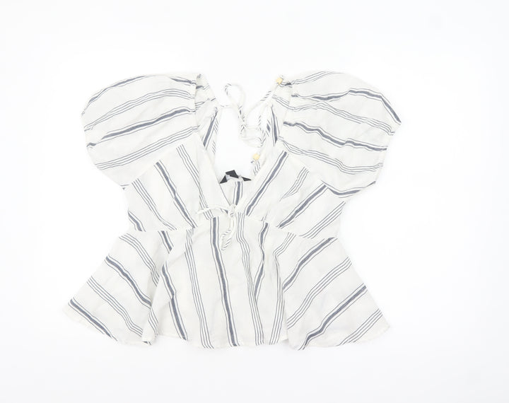 New Look Women White Striped Cotton Cropped Blouse Size 14