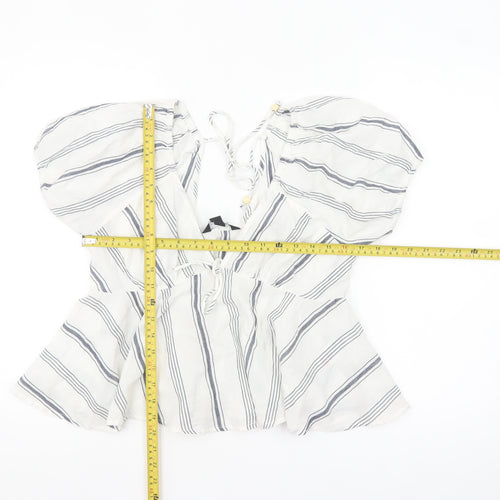 New Look Women White Striped Cotton Cropped Blouse Size 14