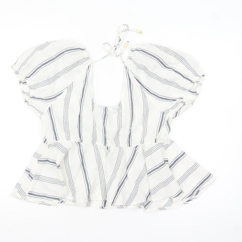 New Look Women White Striped Cotton Cropped Blouse Size 14
