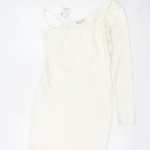Zara Women Ivory One Shoulder Bodycon Dress Size L