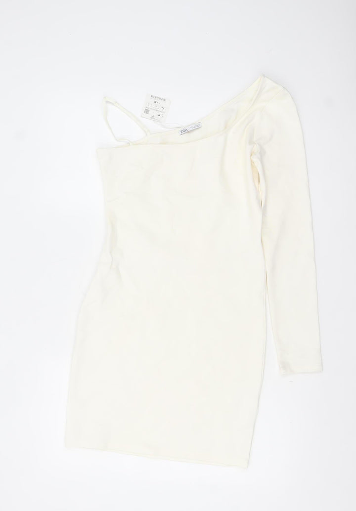Zara Women Ivory One Shoulder Bodycon Dress Size L