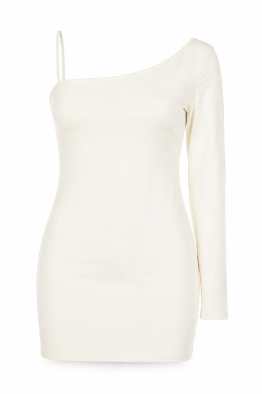 Front view of Zara Women Ivory One Shoulder Bodycon Dress, size L
