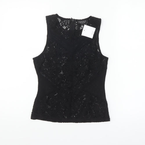 Topshop Women's Black Lace Sleeveless Blouse UK 6 Elegant Zip Back
