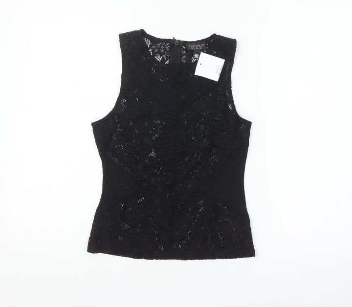 Topshop Women's Black Lace Sleeveless Blouse UK 6 Elegant Zip Back