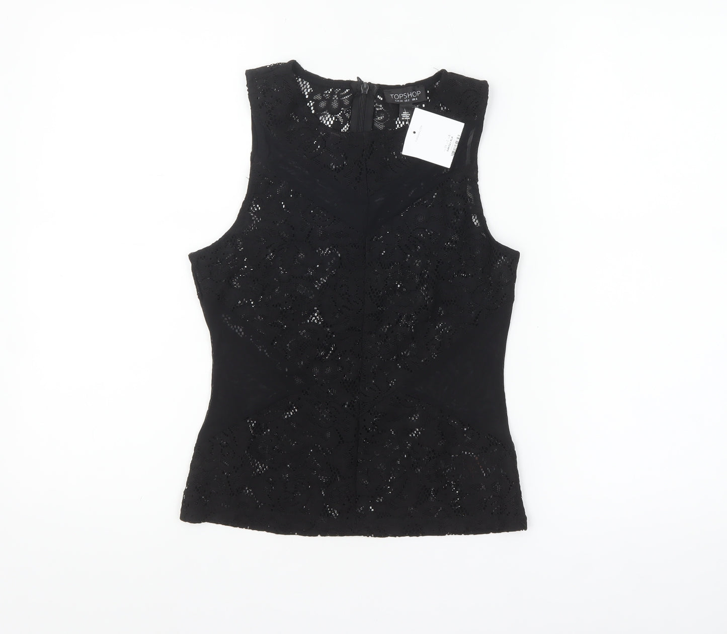 Topshop Women's Black Lace Sleeveless Blouse UK 6 Elegant Zip Back