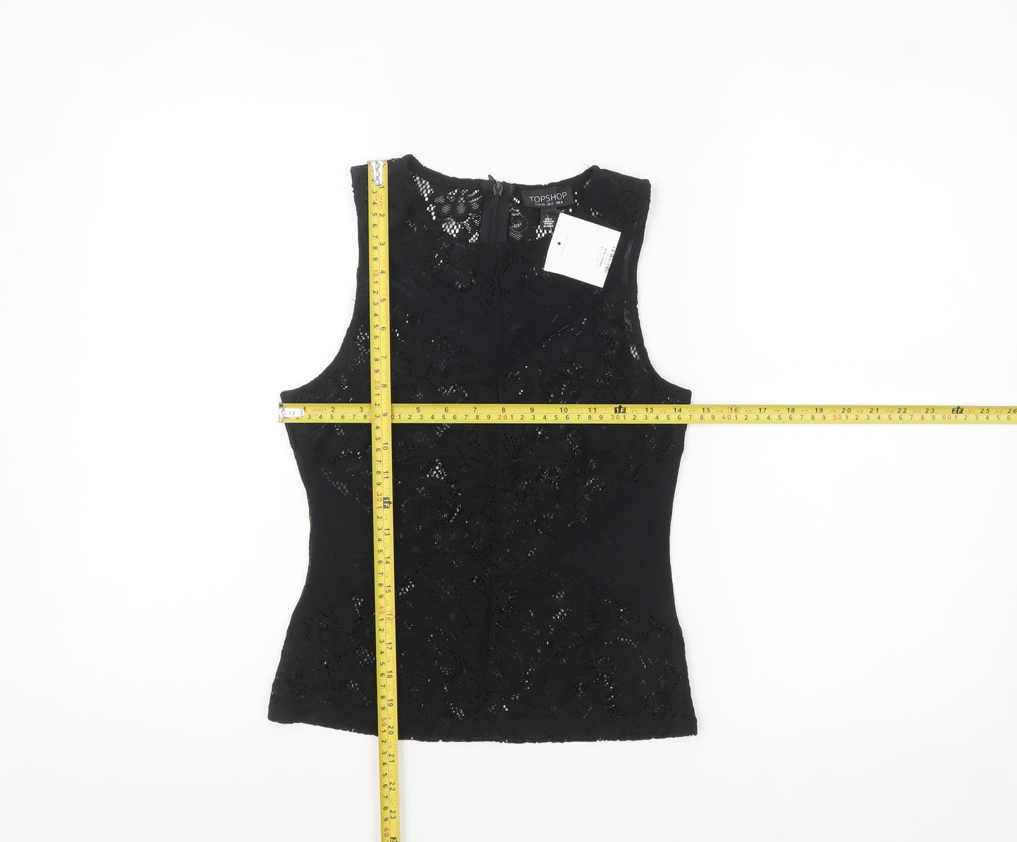 Topshop Women's Black Lace Sleeveless Blouse UK 6 Elegant Zip Back