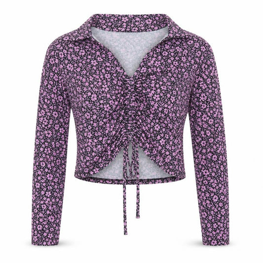 Front view of New Look Women’s Floral Collared Cropped Blouse, size UK 12, Black Pink