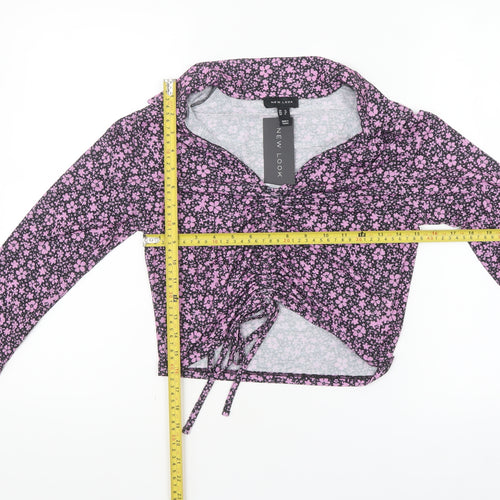 New Look Women’s Floral Collared Cropped Blouse Size 12 Black Pink