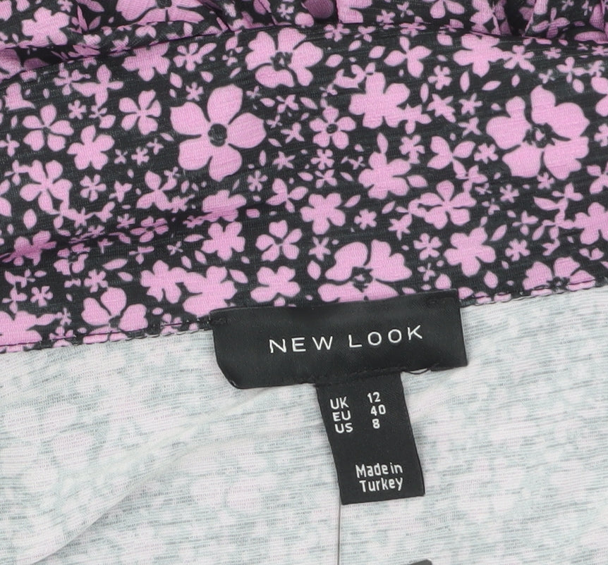 New Look Women’s Floral Collared Cropped Blouse Size 12 Black Pink