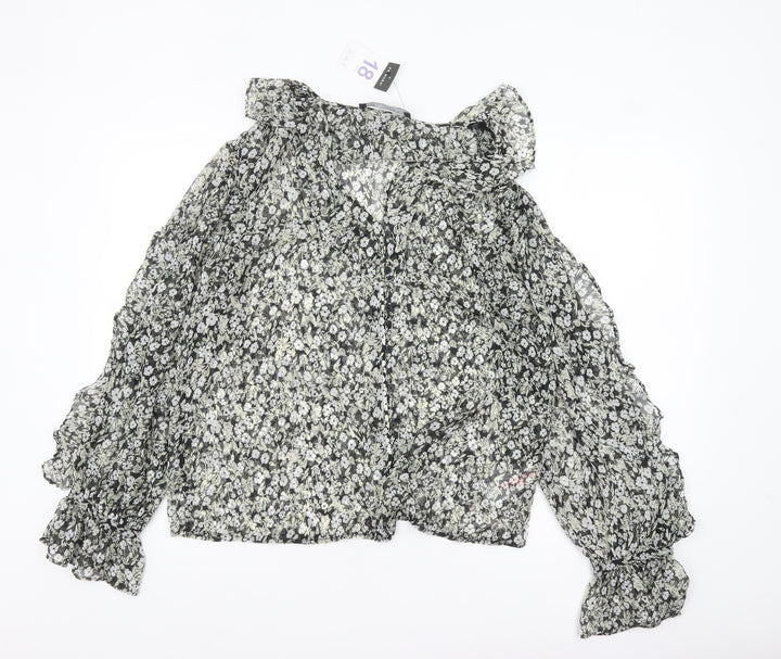 Primark Women’s Black Floral Chiffon Ruffle Blouse Size 18