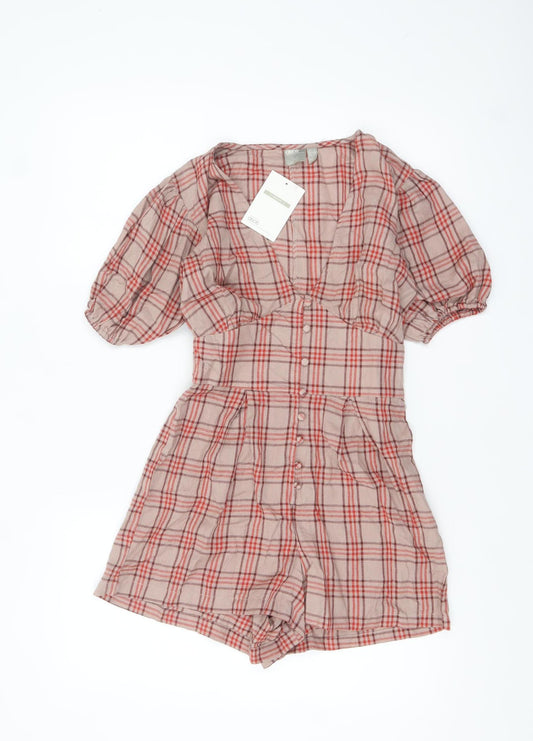 ASOS Women Beige Check Cotton Puff Sleeve V-Neck Playsuit Size 4