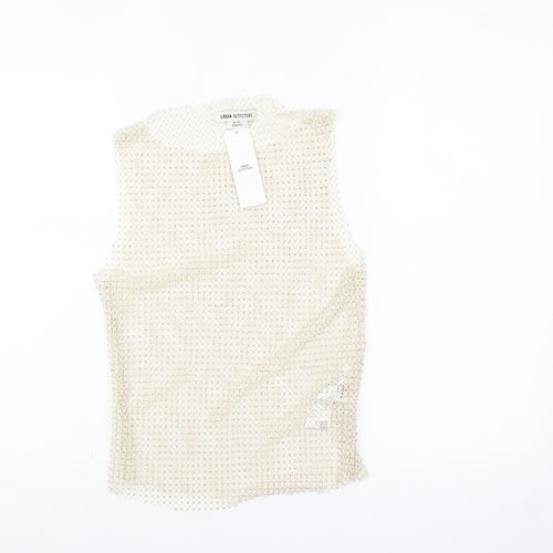 Urban Outfitters Women Beige Mesh Beaded Camisole Tank Top M