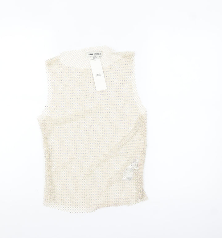 Urban Outfitters Women Beige Mesh Beaded Camisole Tank Top M