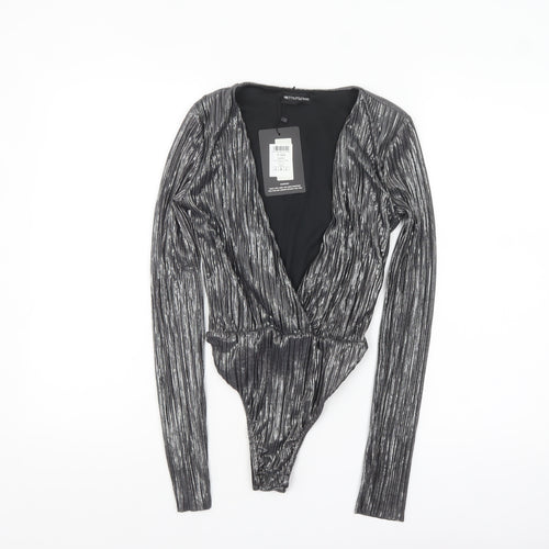 PrettyLittleThing Women Silver Metallic Long Sleeve Bodysuit Size 6