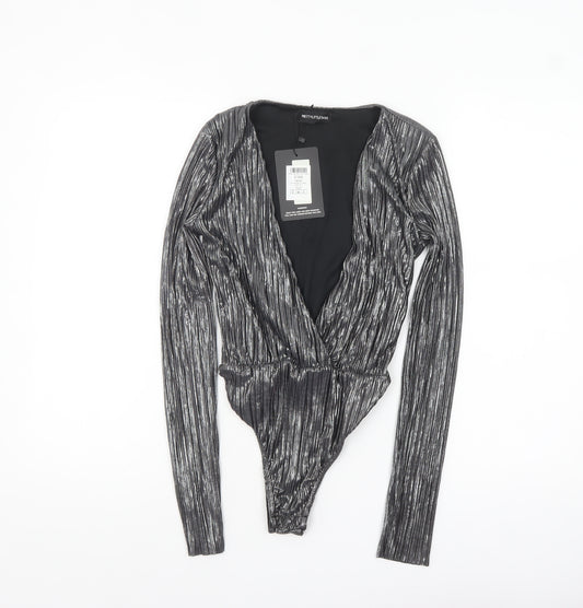 PrettyLittleThing Women Silver Metallic Long Sleeve Bodysuit Size 6