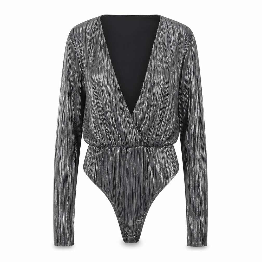 Front view of PRETTYLITTLETHING Women Silver Metallic Long Sleeve Bodysuit, size 6