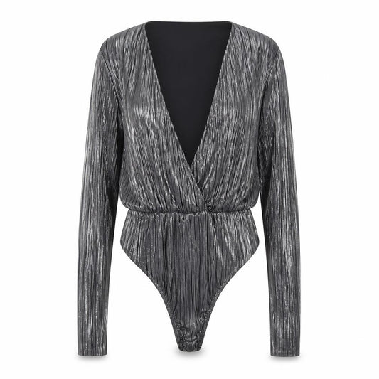 PrettyLittleThing Women Silver Metallic Long Sleeve Bodysuit Size 6
