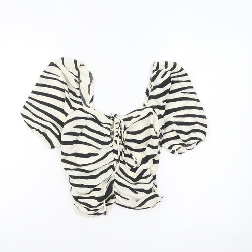 H&M Women’s Black & White Zebra Print Cropped Puff Sleeve Blouse XS