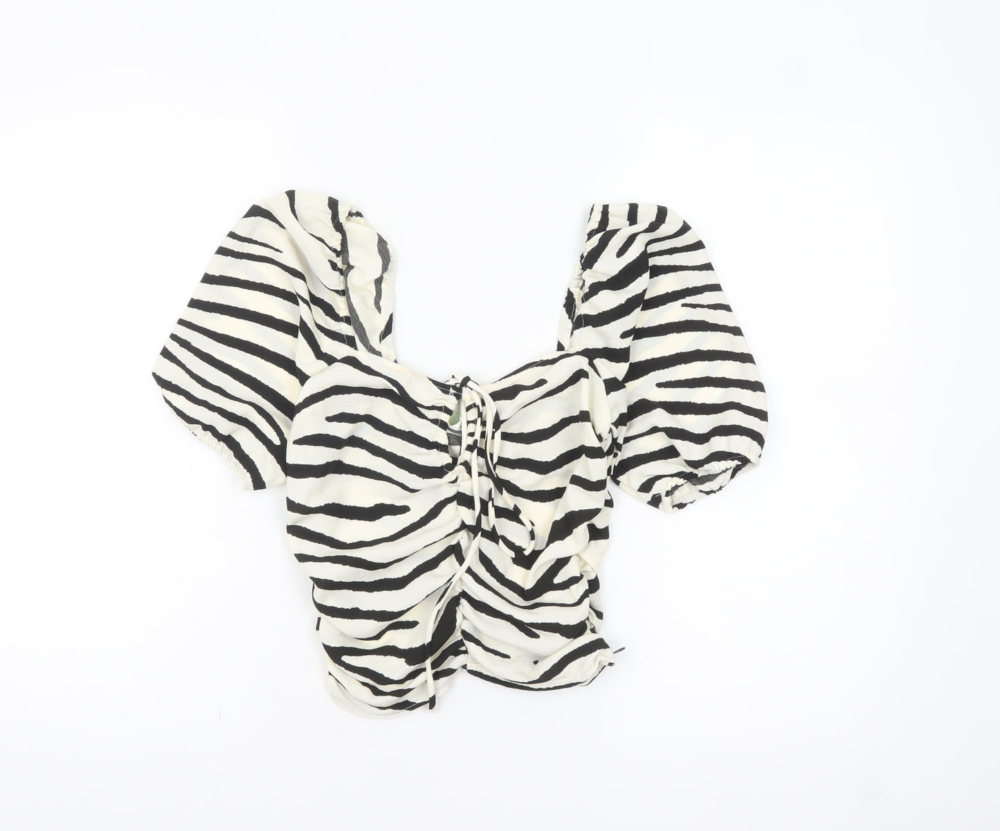 H&M Women’s Black & White Zebra Print Cropped Puff Sleeve Blouse XS