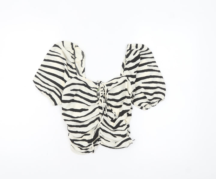 H&M Women’s Black & White Zebra Print Cropped Puff Sleeve Blouse XS