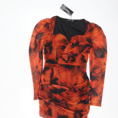 Boohoo Women’s Orange Mesh Tie Dye Bodycon Dress Size 10 Party Cocktail
