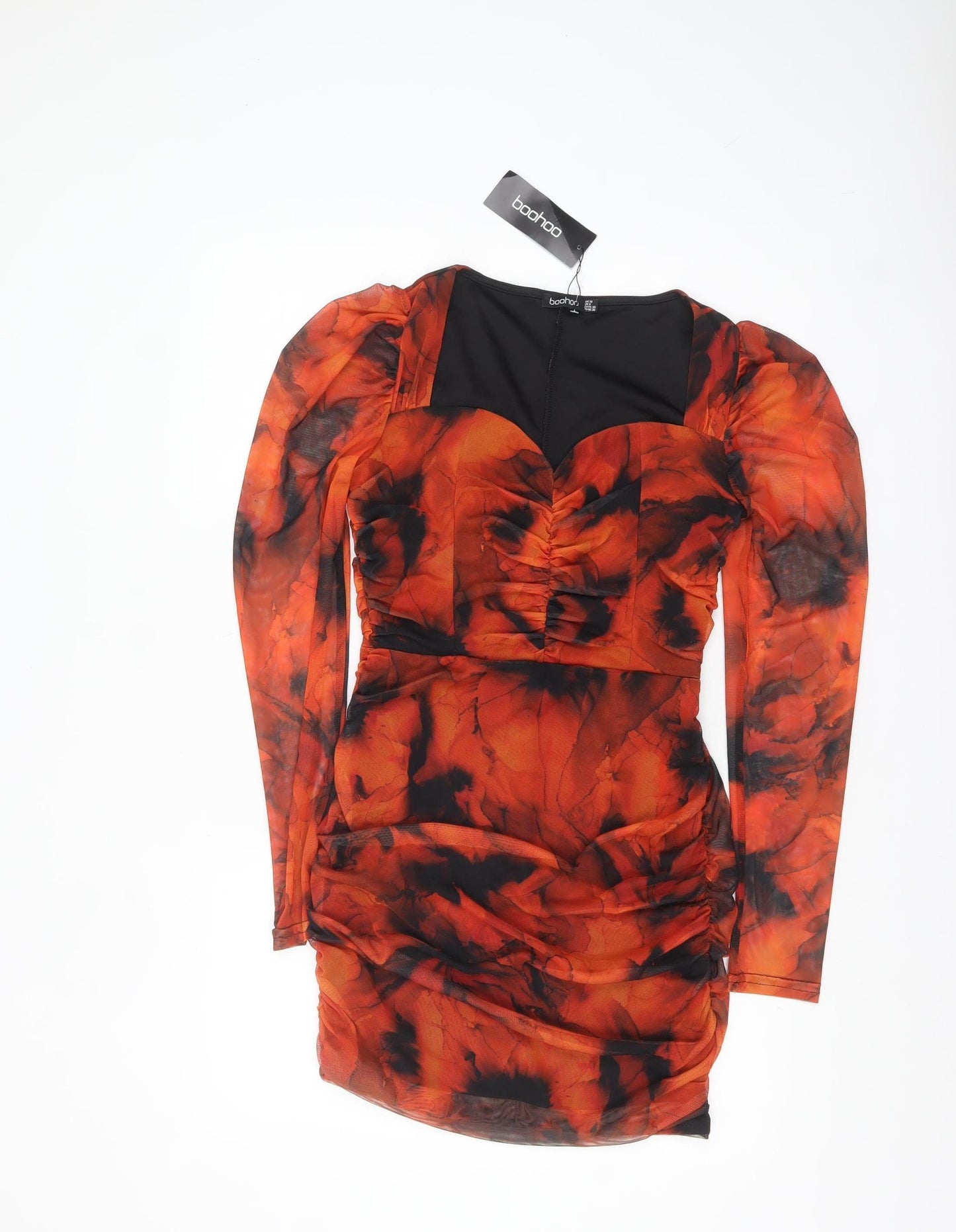 Boohoo Women’s Orange Mesh Tie Dye Bodycon Dress Size 10 Party Cocktail