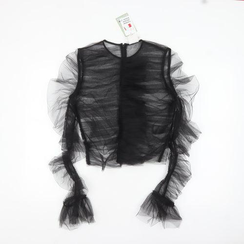 H&M Women’s Black Sheer Ruffle Mesh Long Sleeve Blouse Size 10