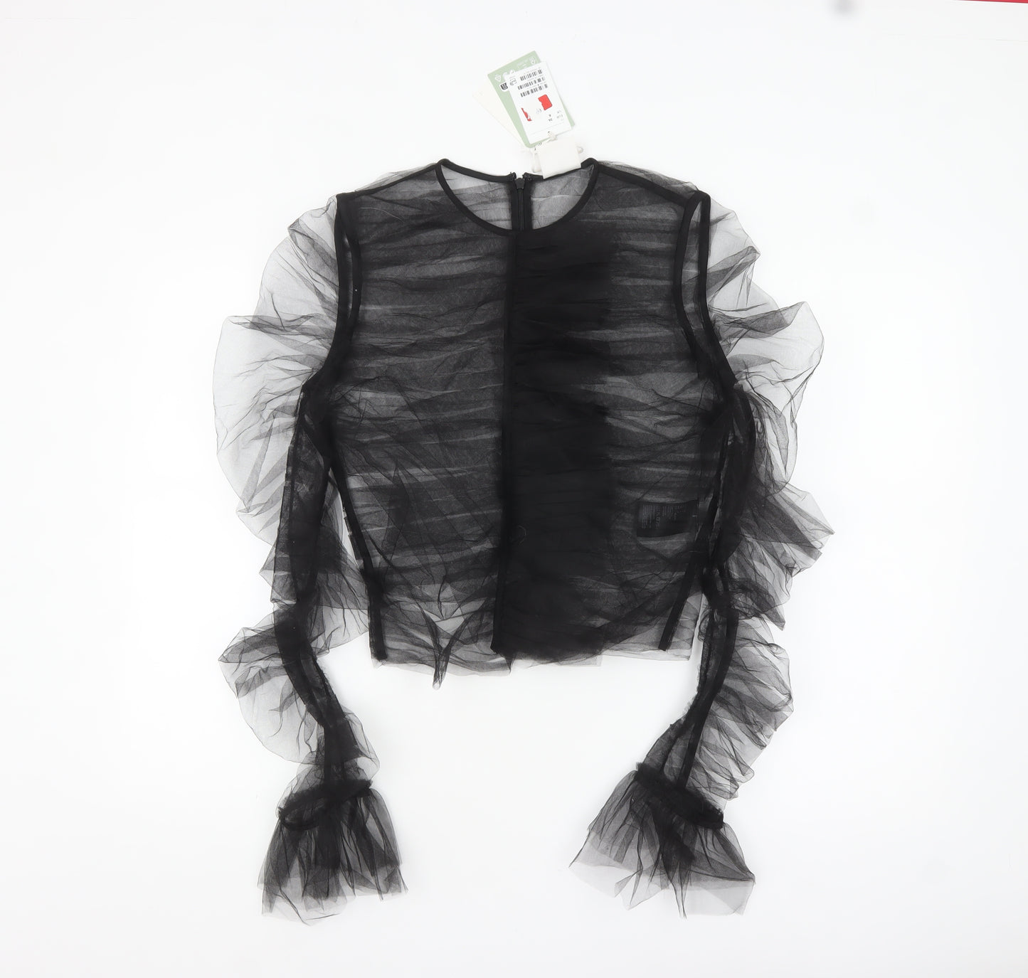 H&M Women’s Black Sheer Ruffle Mesh Long Sleeve Blouse Size 10