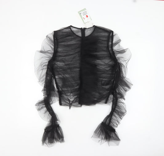 H&M Women’s Black Sheer Ruffle Mesh Long Sleeve Blouse Size 10
