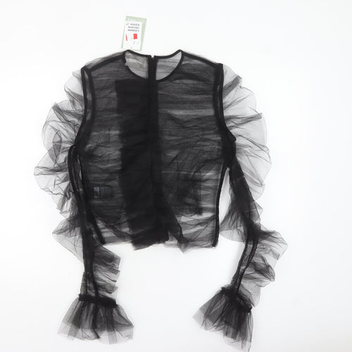 H&M Women’s Black Sheer Ruffle Mesh Long Sleeve Blouse Size 10