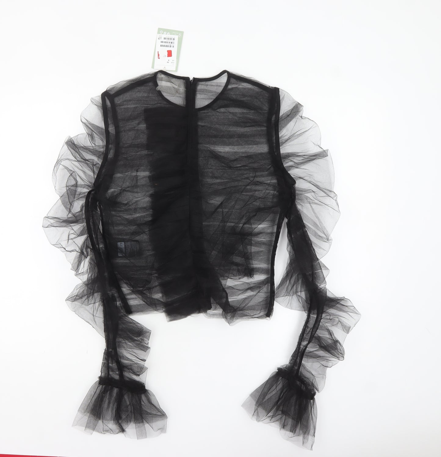 H&M Women’s Black Sheer Ruffle Mesh Long Sleeve Blouse Size 10