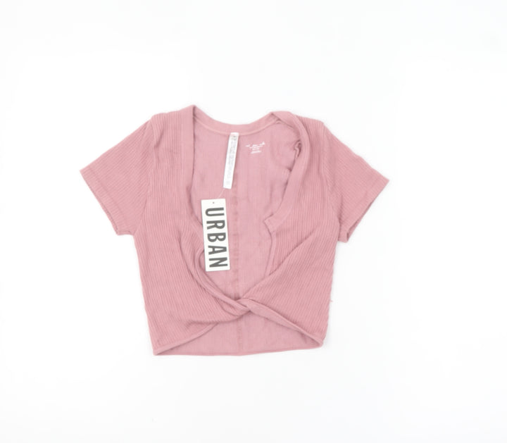 Urban Outfitters Women Pink Cropped Ribbed V-Neck T-Shirt XS