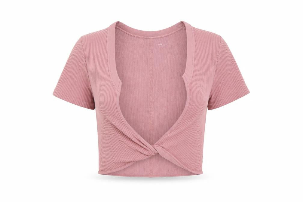 Urban Outfitters Women Pink Cropped Ribbed V-Neck T-Shirt XS