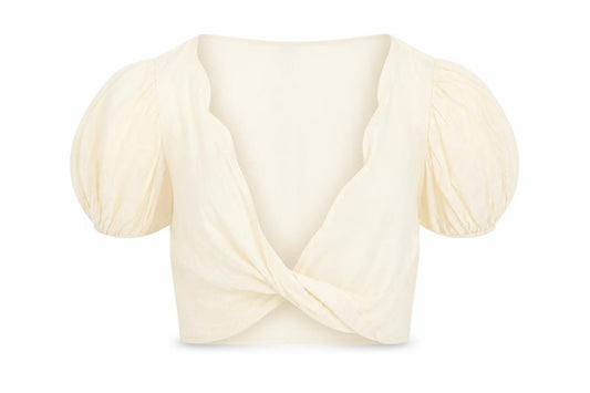Front view of PRETTYLITTLETHING Women's Beige Cropped Puff Sleeve Blouse, size S