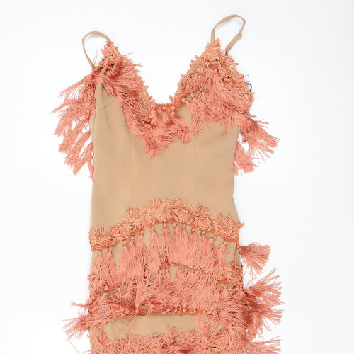Motel Women Beige Fringe Bodycon Party Dress Size 6