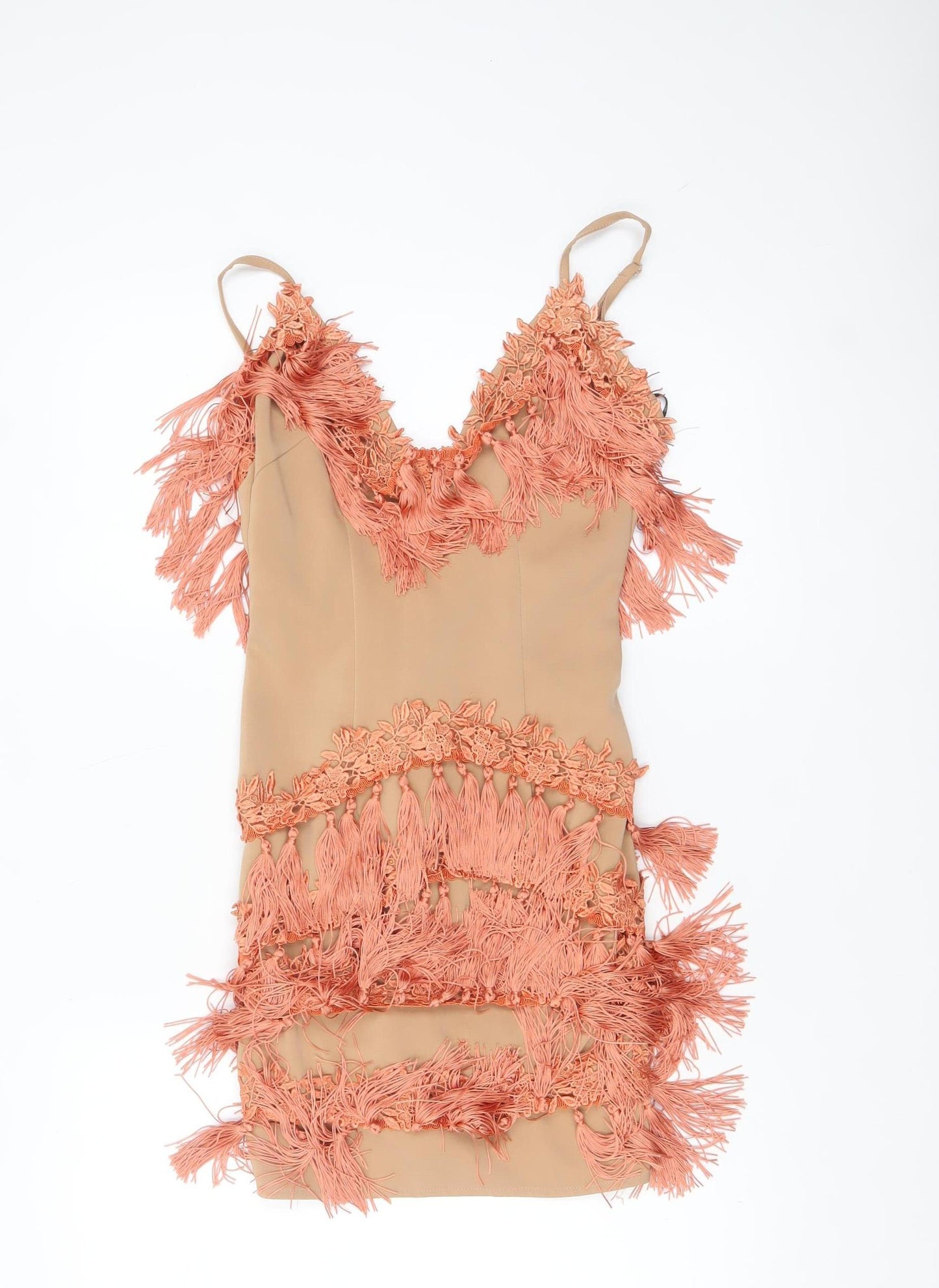 Motel Women Beige Fringe Bodycon Party Dress Size 6
