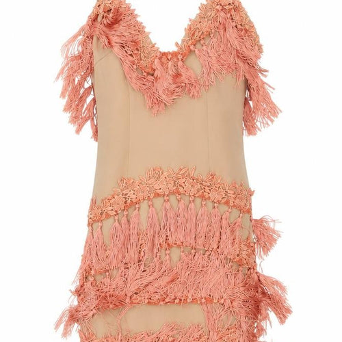 Motel Women Beige Fringe Bodycon Party Dress Size 6