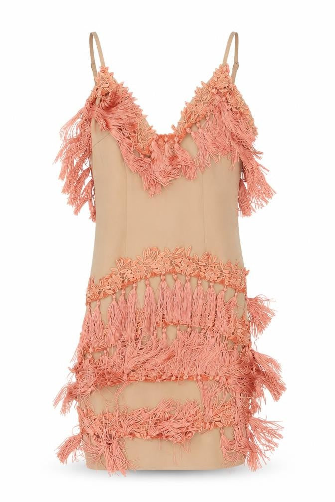 Motel Women Beige Fringe Bodycon Party Dress Size 6