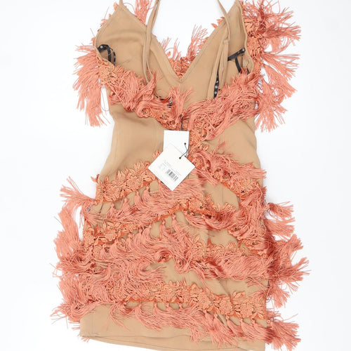 Motel Women Beige Fringe Bodycon Party Dress Size 6