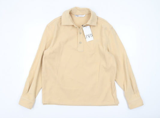 Zara Men's Beige Long Sleeve Polo Shirt Size S Regular Fit
