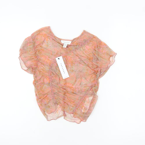 Topshop Petite Women’s Pink Floral Mesh Ruffle Blouse UK S