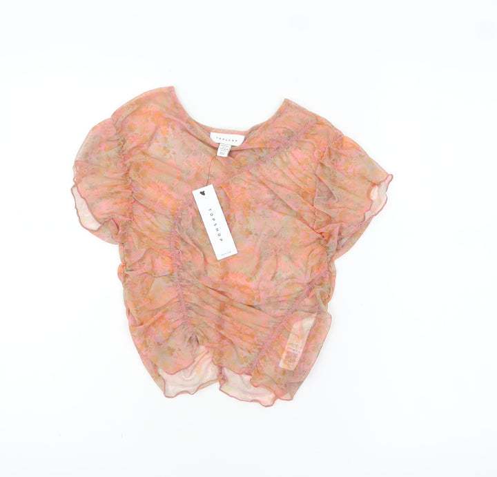 Topshop Petite Women’s Pink Floral Mesh Ruffle Blouse UK S