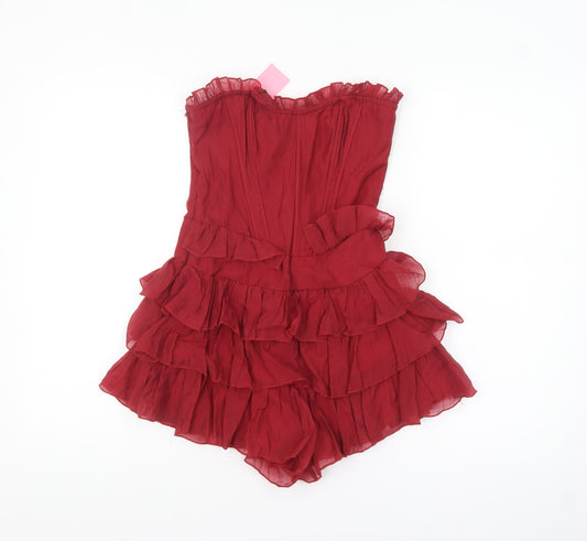 PrettyLittleThing Women's Red Strapless Ruffle Playsuit Size UK 4